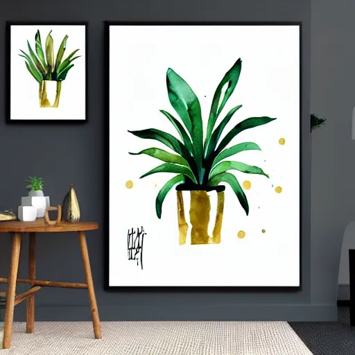 Image similar to a room full of beautiful house plants and a pretty woman with pale skin, long black hair with bangs, wearing shorts and t shirt, abstract, golden light, beautiful watercolor art trending on artstation