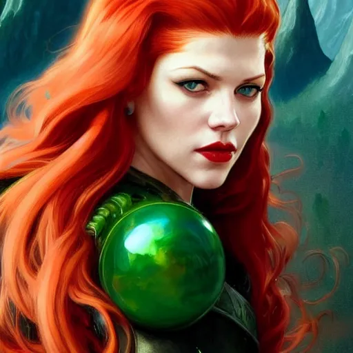 Image similar to beautiful Katheryn Winnick with red hair and a green gem on her forehead and dark red lips, closeup, D&D, fantasy, elegant, highly detailed, digital painting, artstation, concept art, matte, sharp focus, illustration, art by Artgerm and Greg Rutkowski and Alphonse Mucha