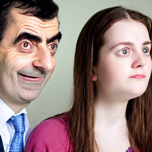 Image similar to A portrait mr bean elizabeth teams up with a teenage mr bean, perfect faces, 50 mm, award winning photography