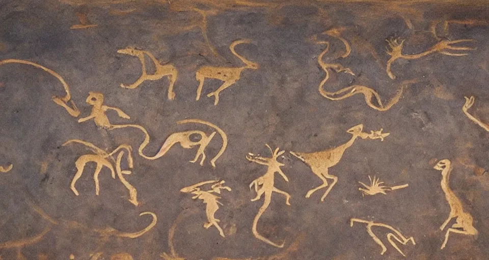 Prompt: prehistoric cave art from Lascaux depicting an epic battle between dinosaurs and flying saucers