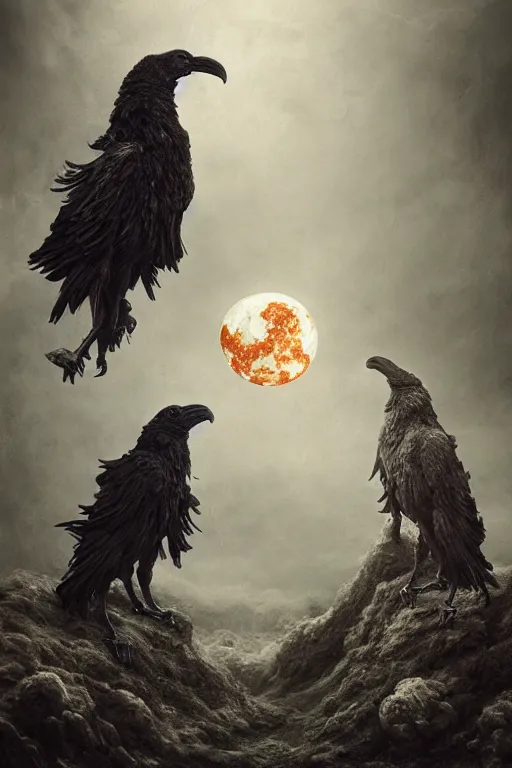 Image similar to Intricate stunning highly detailed surreal ravens by agostino arrivabene and Seb McKinnon, sculpture, ultra realistic, Horror vacui, full moon, thick swirling smoke tornado, fire embers, trending on artstation