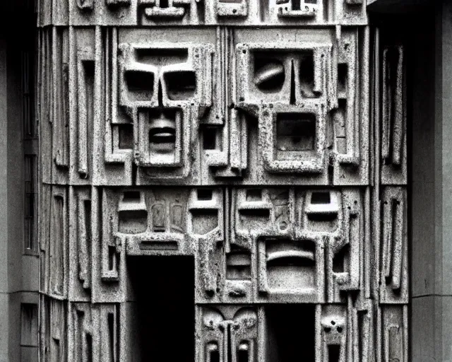 Image similar to by bruce davidson, andrew boog, mystical photography evocative. an intricate fractal concrete and chrome brutalist carved sculpture of the secret faces of god, standing in a city center.