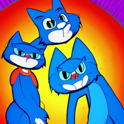 Image similar to a pair of blue cat characters in the style of 9 0 s nickelodeon cartoons, on an interesting adventure