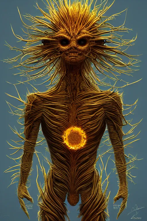 Prompt: corn dandelion humanoid figure monster, symmetrical, highly detailed, digital art, sharp focus, trending on art station, amber eyes