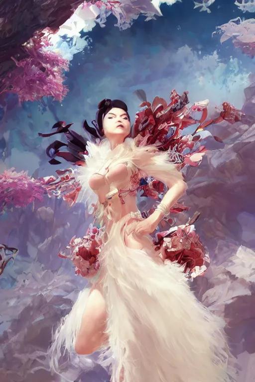 Prompt: Bjork in organge summer dress in a blade and soul spinoff artbook rendered by the artist Taran Fiddler, Joe Madureira, Nadezhda Tikhomirova, Jiyun Chae, Lê Long, trending on Artstation by Hyung Tae Kim, artbook, Stanley Artgerm Lau, WLOP, Rossdraws , James Gurney