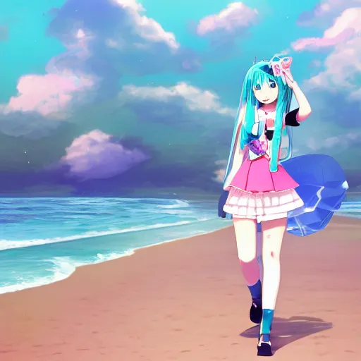 Image similar to hatsune miku takes a walk on evening beach, photo, f 2,4