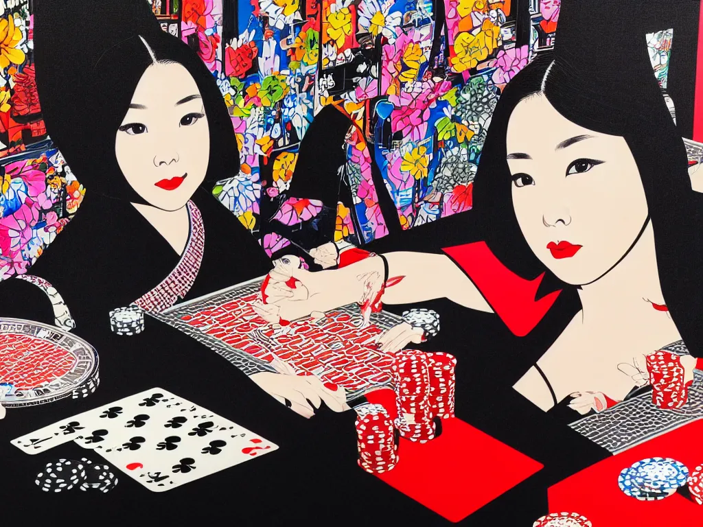 Image similar to hyperrealism composition of the detailed woman in a japanese kimono sitting at an extremely detailed poker table with darth vader, fireworks and folding screen on the background, pop - art style, jacky tsai style, andy warhol style, acrylic on canvas