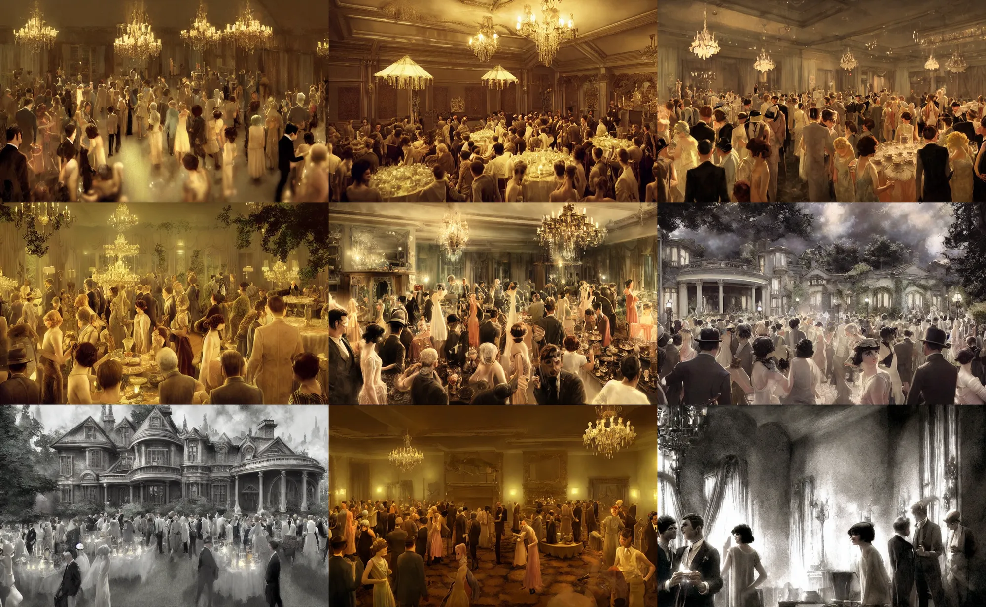 Prompt: craig mullins and ghibli and james gurney detailed movie still of a 1 9 2 0 s grand party in a beautiful mansion, many partygoers, strong contrast, unreal engine, hyper realism, realistic shading, cinematic composition, realistic render, octane render, detailed textures, photorealistic, very wide shot, 3 5 mm film