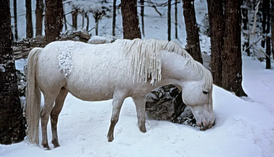 Image similar to 1 9 6 0 s movie still close up of marcus aurelius frozen to death under the snow, a horse frozen under the snow by the side of a river with gravel, pine forests, cinestill 8 0 0 t 3 5 mm, high quality, heavy grain, high detail, texture, dramatic light, anamorphic, hyperrealistic, detailed hair, foggy