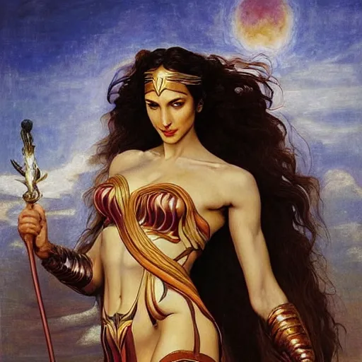 Prompt: Full body oil painting of the beautiful goddess Gal Gadot as Venus, she is wearing roman clothes and a surreal jewelry, her hair is natural disheveled, she is approaching heaven over the clouds, naturalism, dramatic lighting, high-detailed oil painting by Ilya Repin, Michelangelo da Caravaggio, William Blake, Alex Grey and Beksinski, trending on Artsation, hystorical painting, naturalism, masterpiece, 4k, 8k,