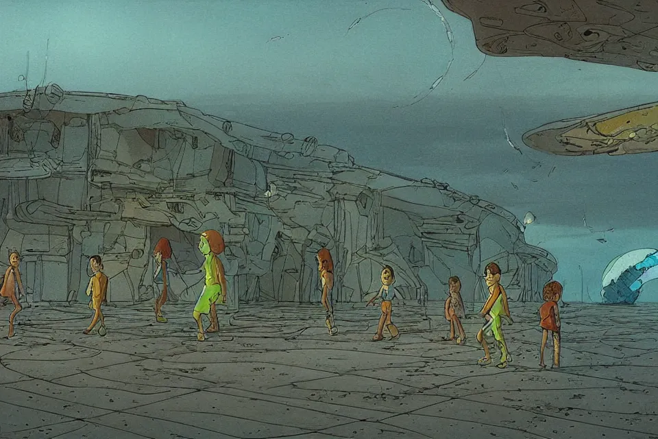 Image similar to sci-fi fi scene of a seashell where the deserted kids live, in the style of john harris and roger deakins by moebius