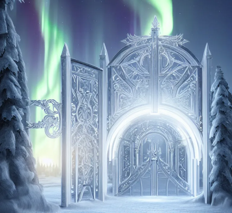 Image similar to a very detailed concept art of intricate and scandinavian white gates to aurora borealis, trending on artstation, symmetry, digital art, 4 k, hyper realistic, octane render, sharp focus