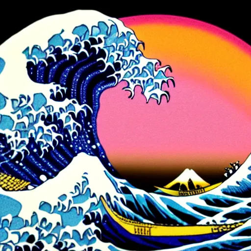 Image similar to the great wave off kanagawa with pink lava and fire, rococo, hyperreal, detailed, 4 k