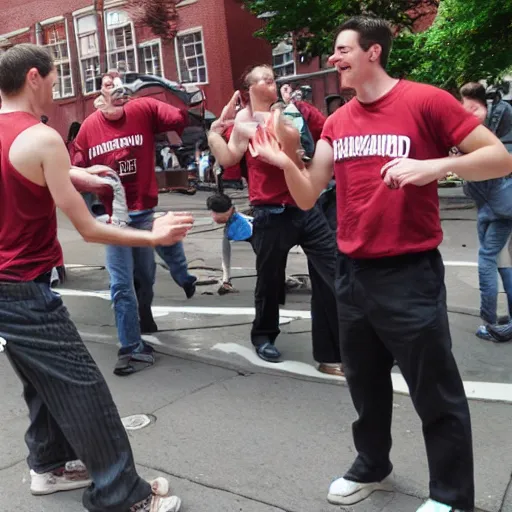 Prompt: guys doing the harvard rub in harvard square,