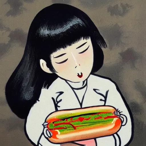 Image similar to high quality vintage brush painting of hot dog and coke by sakano ue no tamura maro