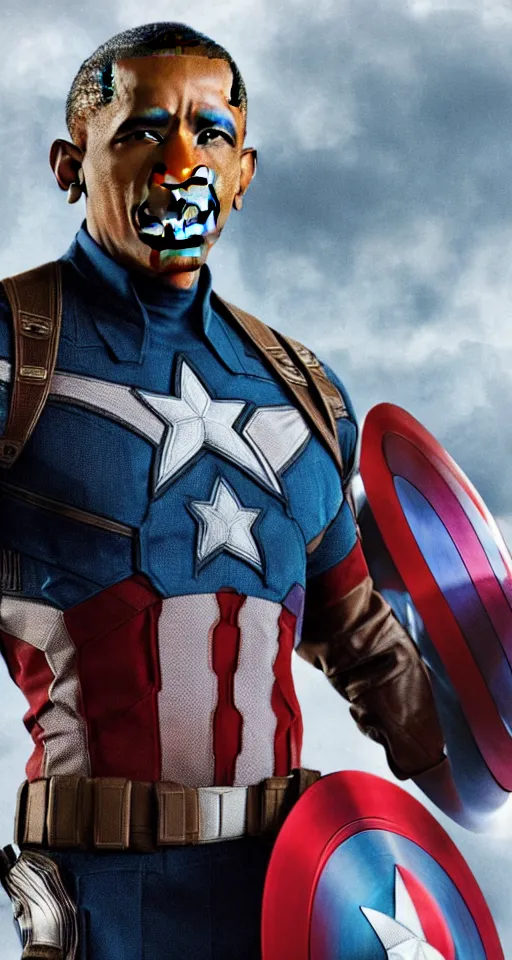 Image similar to Obama as Captain America in the Avengers, final epic scene, closeup still