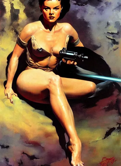 Prompt: oil painting of Rey by frank frazetta alluring pin up deviant art seductive star wars