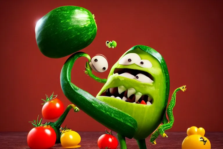 Image similar to detailed 3 d render of a mad zucchini character with arms and legs and a long sword chasing after a tomato character, hyper realistic octane render, cinematic lighting, wide angle, nightmare, adult pixar surrealism