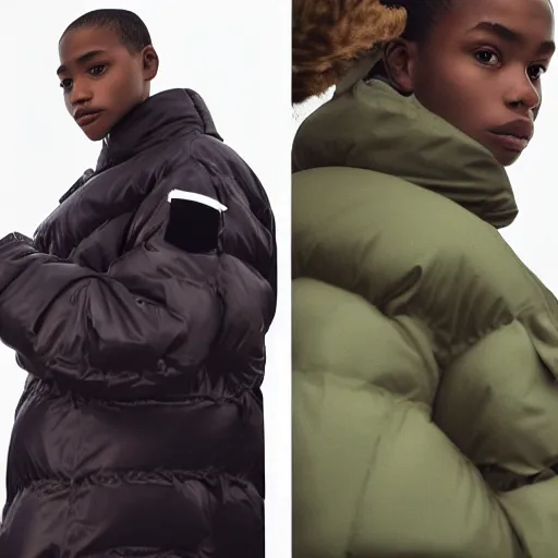 Image similar to realistic photoshooting for a new acne studio lookbook, color film photography, close up, model is wearing a puffer jacket, photo of a woman, photo in style of tyler mitchell, 3 5 mm, vetements, balenciaga, commes des garcon