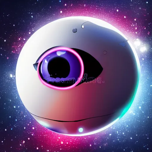 Image similar to funny spherical robot with two eyes and smile, cyberpunk, stars and space on the background,