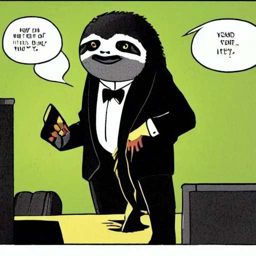 Prompt: a sloth dressed in a suit is standing in an office. Comic by Mike mignola