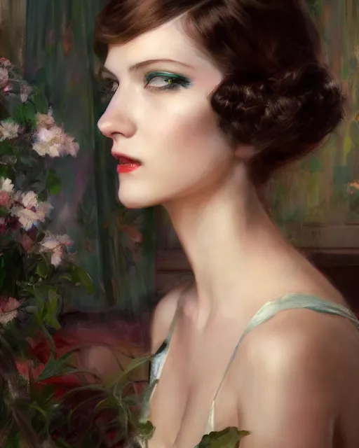 Image similar to daniel gerhartz and artgerm portrait painting of a 1 9 2 0 s beautiful woman at a party in a mansion, mansion interior in the background, unreal engine, hyper realism, realistic shading, cinematic composition, realistic render, octane render, detailed textures, photorealistic, ultrawide shot, 3 5 mm film