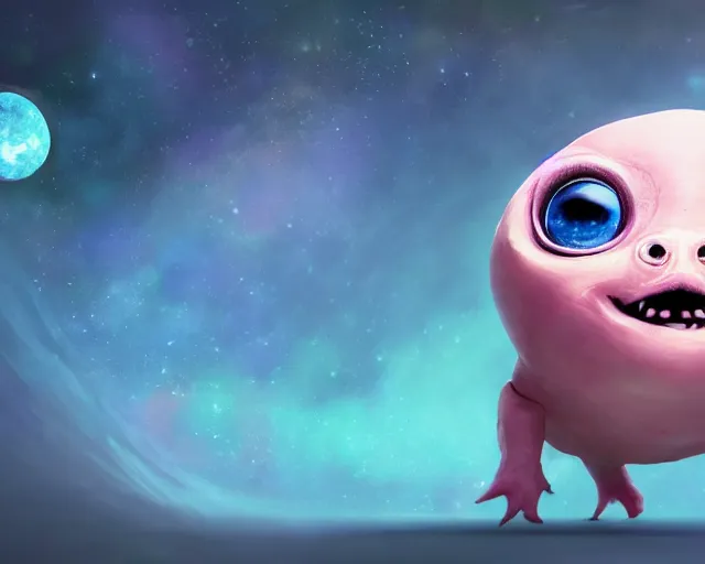 Image similar to 3D Fantasy Cute and adorable small alien piggy in space, huge adorable eyes, bright stars, Smooth 3D Illustration, soft render, Servando Lupini, Daniil Kudriavtsev, handpaint texture, Blender, 3DCoat