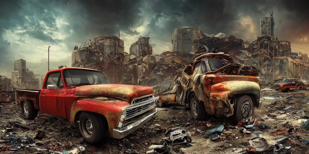 Prompt: 1970s photography a truck driver wearing a cap sitting next to his colorful truck in a apocalyptic wasteland, tornado and apocalyptic city in the background, detailed intricate insanely detailed octane render, 8k artistic photography, photorealistic, chiaroscuro, hd, by David Cronenberg, Raphael, Caravaggio