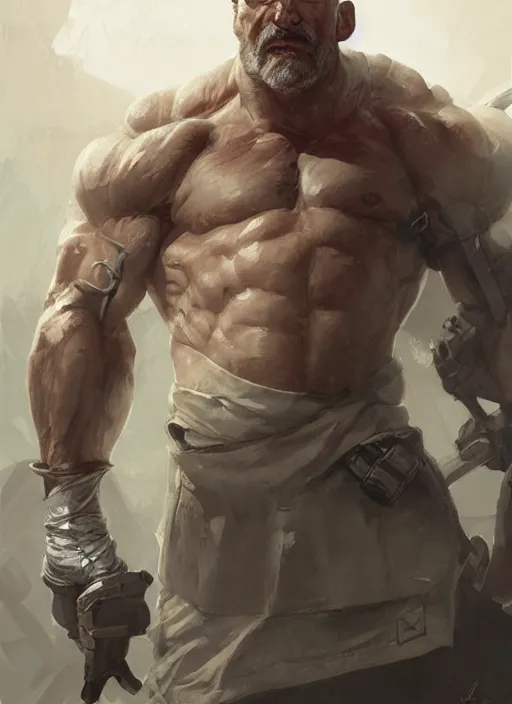 Image similar to detailed character concept illustration, strong muscular older soldier, white uncrop background, sharp focus, illustration, highly detailed, digital painting, concept art, matte, art by wlop and artgerm and greg rutkowski, masterpiece