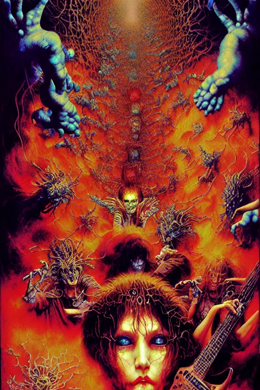 Prompt: realistic detailed image of rock band playing in hell clean face on fire by lisa frank, ayami kojima, amano, john martin, karol bak, greg hildebrandt, and mark brooks, neo - gothic, rich deep colors. beksinski painting, part by adrian ghenie and gerhard richter. art by takato yamamoto. masterpiece