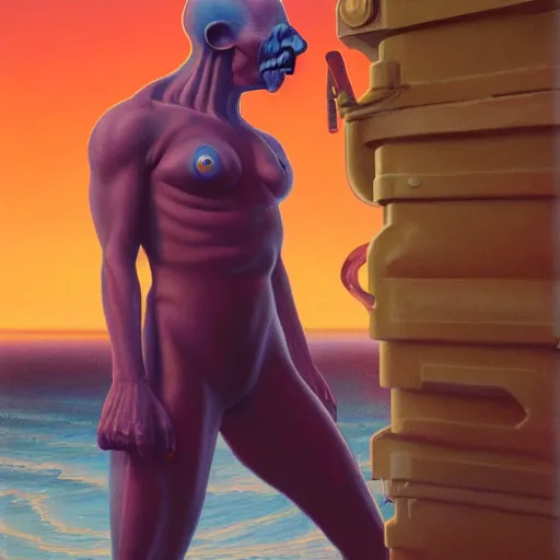 Prompt: unsettling rubbery mutant with thin lips and suspicious expression, wearing science fiction ss uniform by science fiction docks at sunset, by boris vallejo, deak ferrand, and greg rutkowski