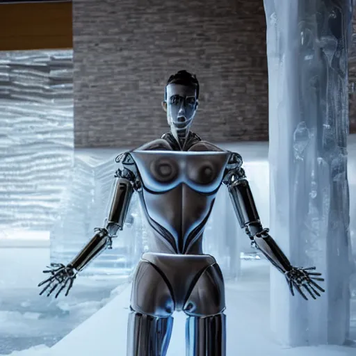 Image similar to made of ice, a realistic detailed photo of a guy who is an attractive humanoid who is half robot and half humanoid, who is a male android, on display, blank stare, showing off his muscles, shiny skin, posing like a statue, by the pool, frozen ice statue, twitch streamer / gamer ludwig, humanoid robot