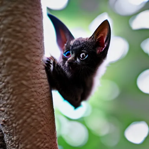 Prompt: a bat kitten, in a tree, Canon EOS R3, telephoto, very detailed, 4k