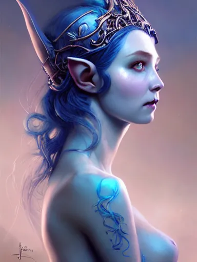 Image similar to the elven queen with blue skin by james jean, charlie bowater, tom bagshaw, nikolay makovsky : : enchanting, ethereal, magical, portrait, character design, illustration, hyperrealism, photorealism, digital art, concept art, fantasy, whimsy, weta, wlop, artstation