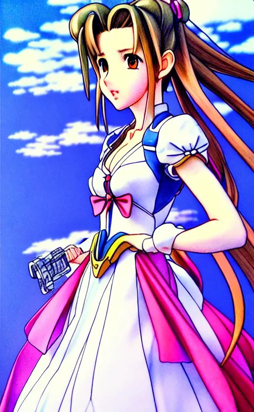 Image similar to aerith gainsborough wearing a dress, she is building a gunpla plastic model of a turn a gundam. beautiful shadowing, 3 d shadowing, reflective surfaces, illustrated completely, 8 k beautifully detailed pencil illustration, extremely hyper - detailed pencil illustration, intricate, epic composition, very very kawaii, masterpiece, bold complimentary colors. stunning masterfully illustrated by artgerm and range murata.