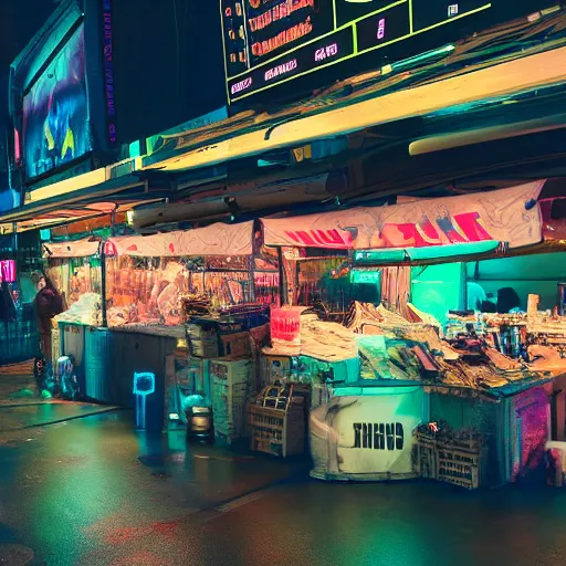 Image similar to a market stall at a futuristic cyber punk trade show in 2 0 5 5 from a distance, neon lighting, cinematic, dslr, unreal engine, hyper realistic