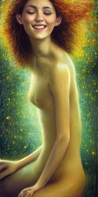 Image similar to infp young woman, smiling, amazed by golden fireflies lights, sitting in the midst of nature fully covered, long loose red hair, intricate linework, green eyes, small nose with freckles, oval shape face, realistic, expressive emotions, dramatic lights mystical scene, hyper realistic ultrafine art by michael cheval, jessica rossier, boris vallejo