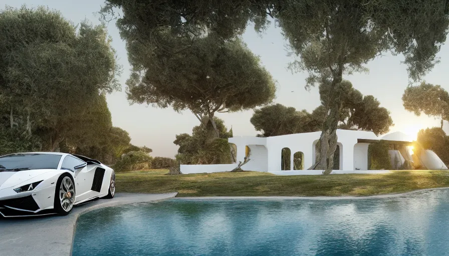 Image similar to sicilian white villa built on the edge of a hill, lamborghini, sunrise, sea, trees, wide view, hyperdetailed, artstation, cgsociety, 8 k