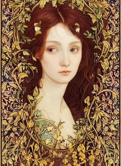 Image similar to masterpiece beautiful seductive flowing curves preraphaelite face portrait photography, extreme close up shot, straight bangs, thick set features, yellow ochre ornate medieval dress, miho hirano, amongst foliage mushroom forest circle arch, william morris and kilian eng and mucha, framed, 4 k