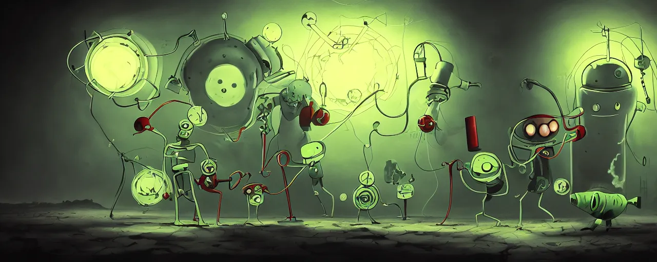 Prompt: wild alchemist plankton mutants from the depths of a wasteland deep in the imaginal realm, dramatic lighting, surreal fleischer cartoon characters, shallow dof, surreal painting by ronny khalil