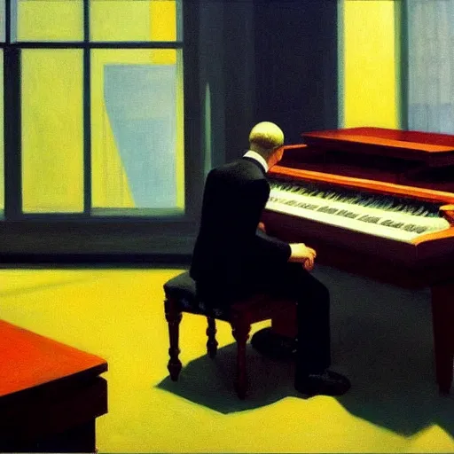 Prompt: painting of a man sitting at a grand piano, but not playing. he's looking into the void. by edward hopper and james gilleard