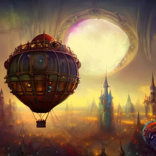 Prompt: a beautiful stunning fantasy whimsical matte digital illustration of a scene of a steampunk hot - air balloon over a lit steampunk city at night by marc simonetti, pastel color palette, disney magic the gathering steampunk!!!, chiaroscuro magical! bokeh moon stars dramatic romantic! epic breathtaking, clock tower,, trending on artstation hq, masterpiece