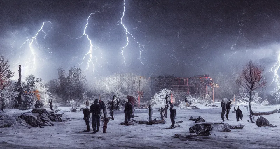 Prompt: slipknot concert, snowy, windy, by eugene von guerard, ivan shishkin, night, lightning!!, storm!, dramatic lighting, concept art, trending on artstation, 8 k