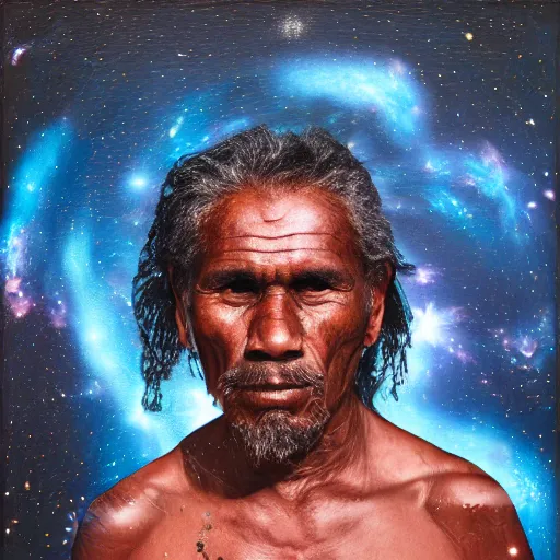 Prompt: aboriginal man at night, portrait, photorealistic, 8k, galaxies in the sky