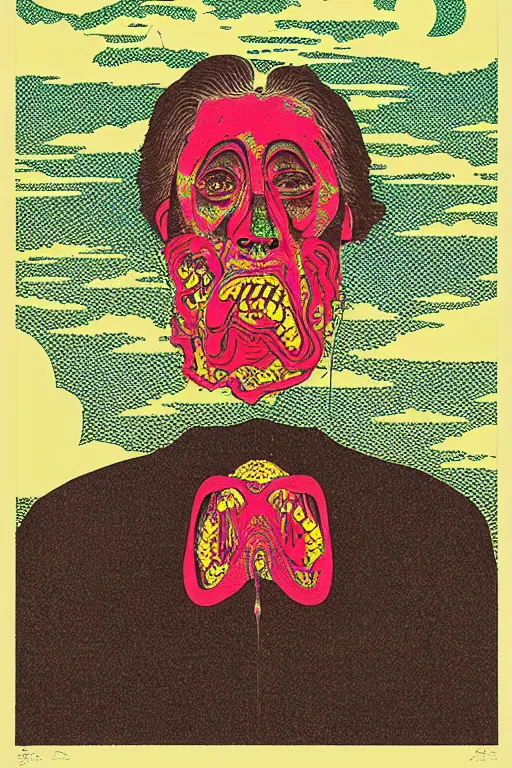 Prompt: a tab of LSD acid on his tongue and surreal psychedelic hallucinations, screenprint by kawase hasui, dali and dan hillier, colorful flat surreal design, hd, 8k, artstation