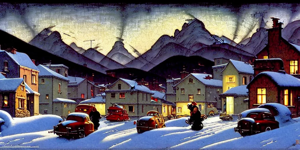 Image similar to in the style of norman rockwell, gerald brom, caravaggio, beautiful small town, houses and buildings, 1 9 5 0 s, evening, lighting in windows, winter, mountains in the distance