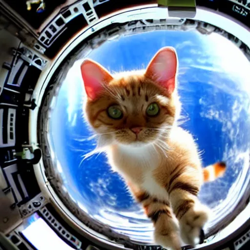 Image similar to Photo of a cat floating inside the International Space Station, realistic award-winning