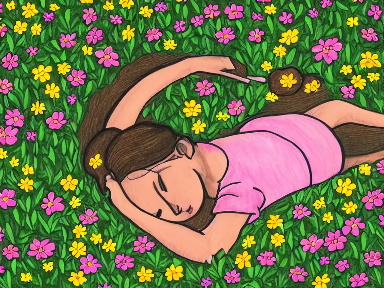 Image similar to drawing of girl laying down in the lawn full of flowers that smells like honey amongst forest with her soul connected to the nature around her
