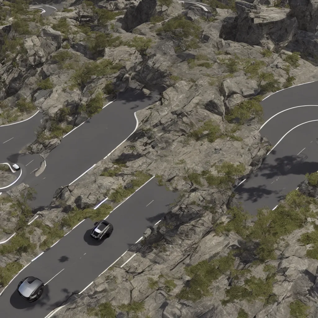 Prompt: futuristic car drive down a road in the mountains, unreal engine