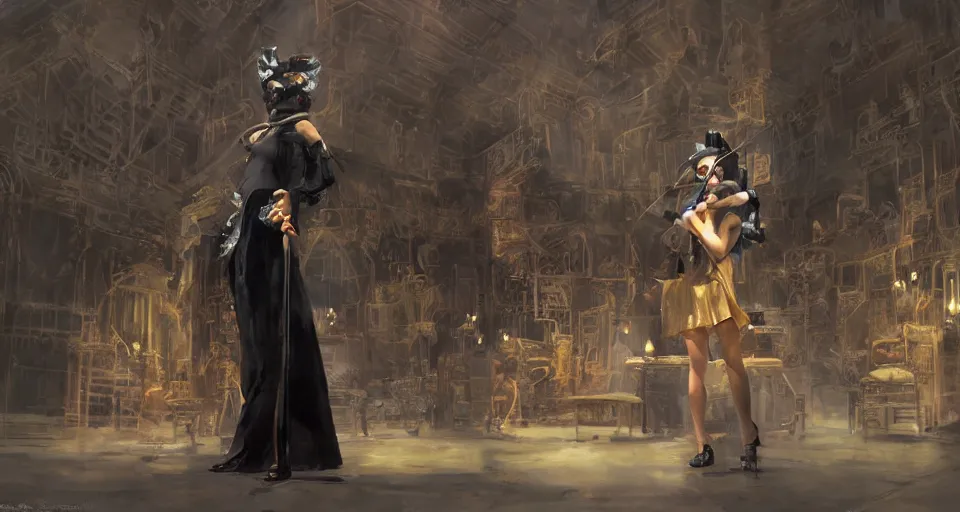 Image similar to craig mullins and ghibli digital art of on the stage of the theater, a masked female violinist performs alone, dressed in exotic costumes, gold jewelry, and black hair realistic shading, cinematic composition, realistic render, octane render, detailed textures, photorealistic, wide shot